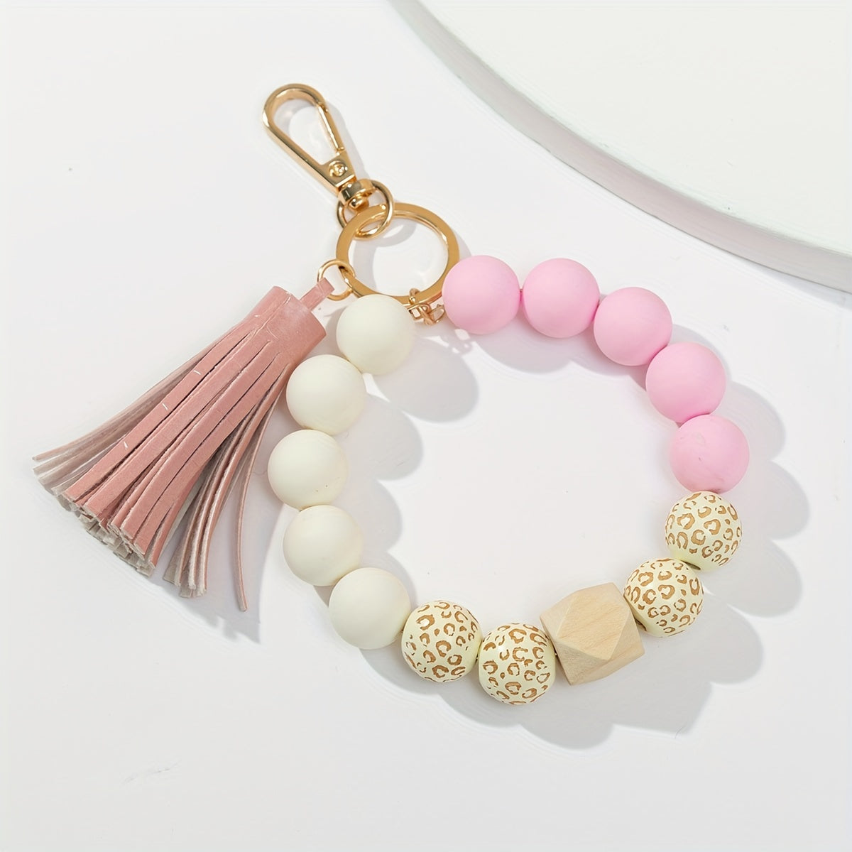Silicone Beaded Bangle Keychain Pendant With PU Tassel Beaded Bracelet Key Ring