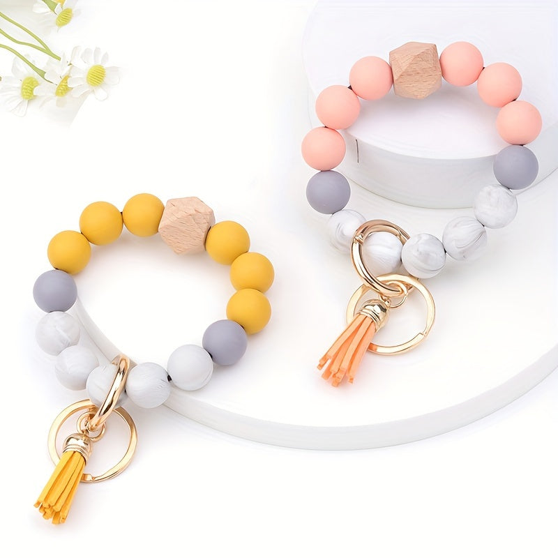 1pc, Silicone Beaded Keychain For Women Bracelet Fashion Vintage Boho Car Keychain Leather Tassel Beaded Bracelet Key Ring Bag Pendant Halloween Thanksgiving Gift Party Small Gift For Men And Women The Same Style
