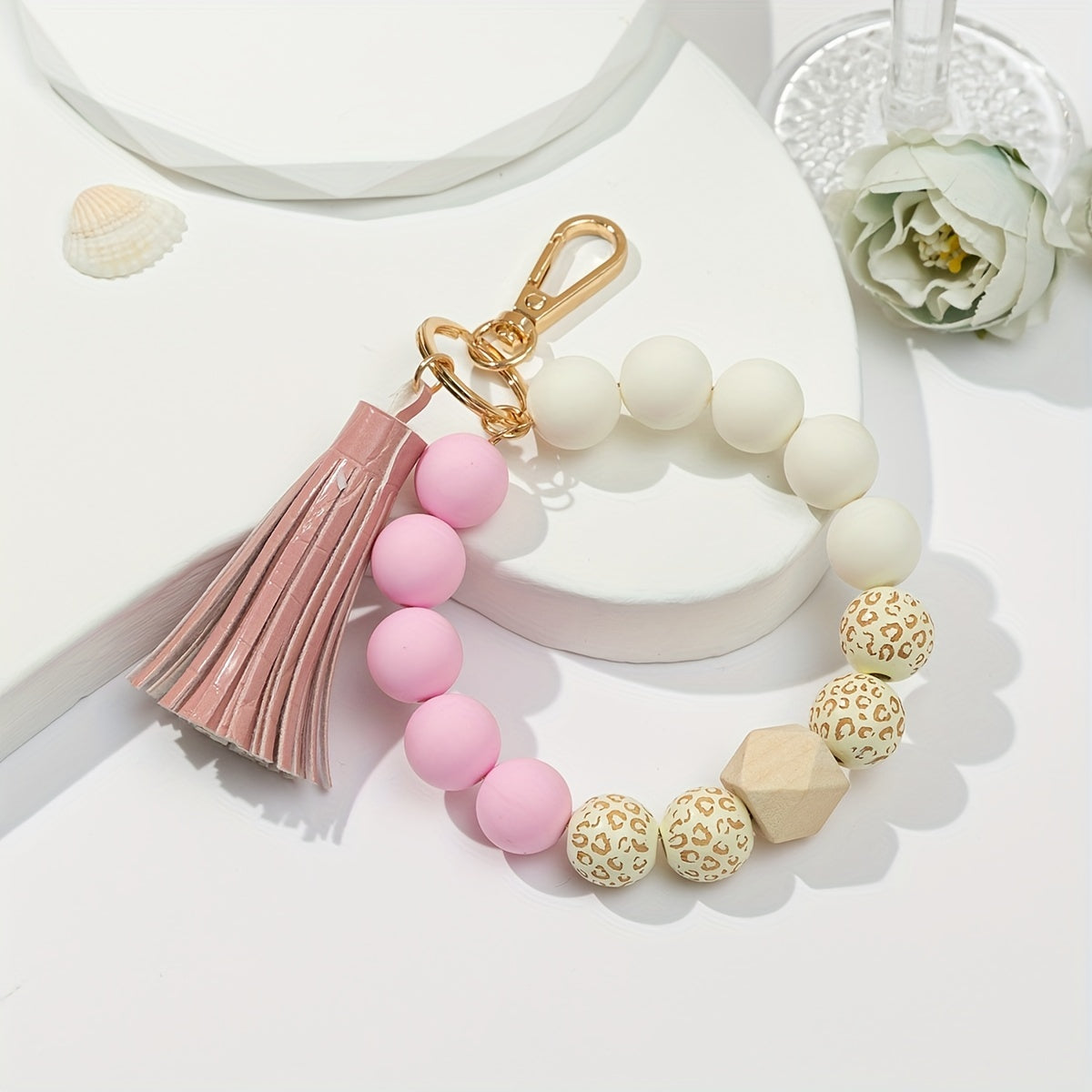 Silicone Beaded Bangle Keychain Pendant With PU Tassel Beaded Bracelet Key Ring