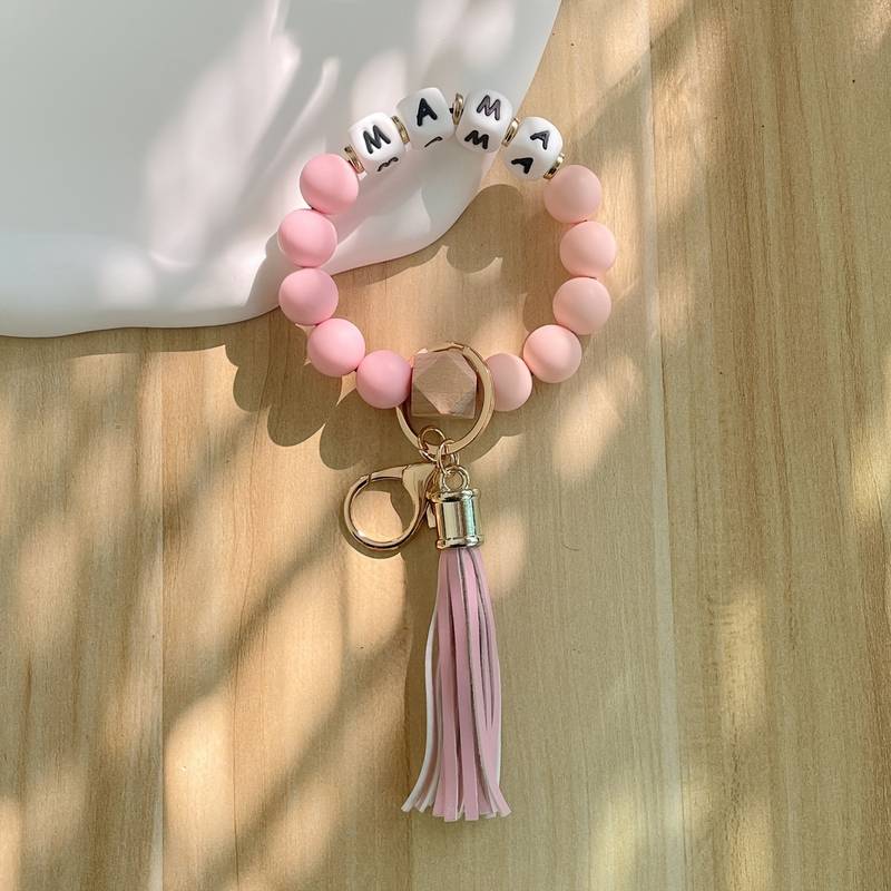 Silicone Beaded Bracelet Wristlet Keychain with Tassels -MAMA