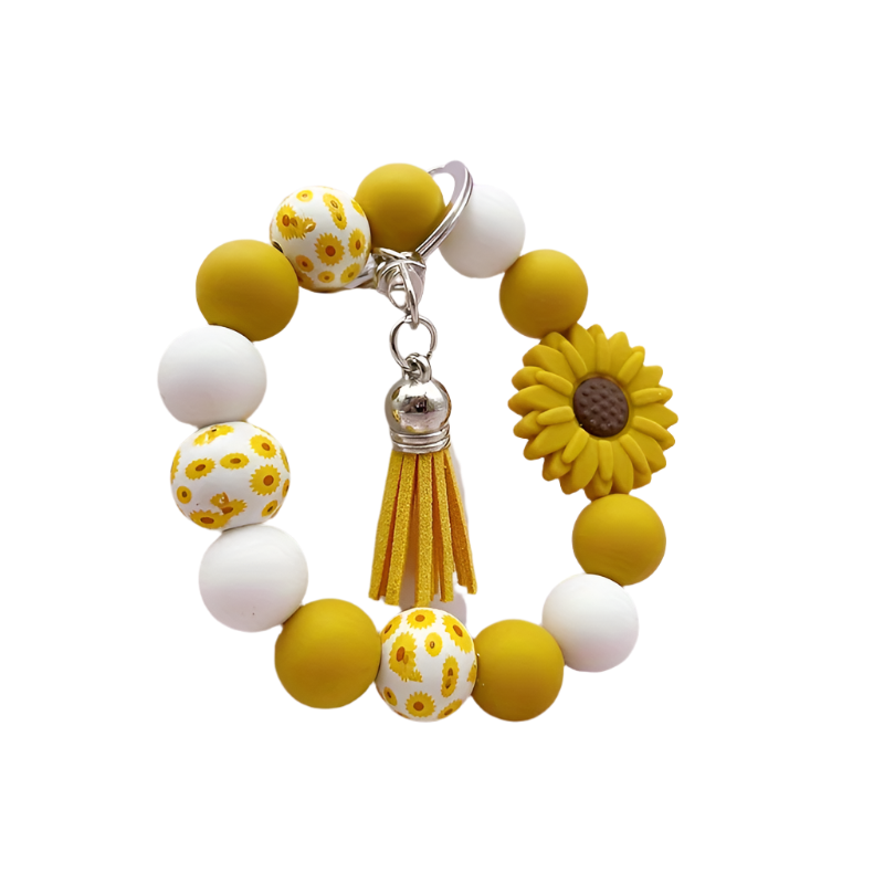 Hemasa Silicone Sunflower Daisy, Pastoral Printed Wooden Bead Silicone Bead Handmade Beaded Bracelet, PU Tassel Keychain, Bag Pendant Accessory, Keychain
