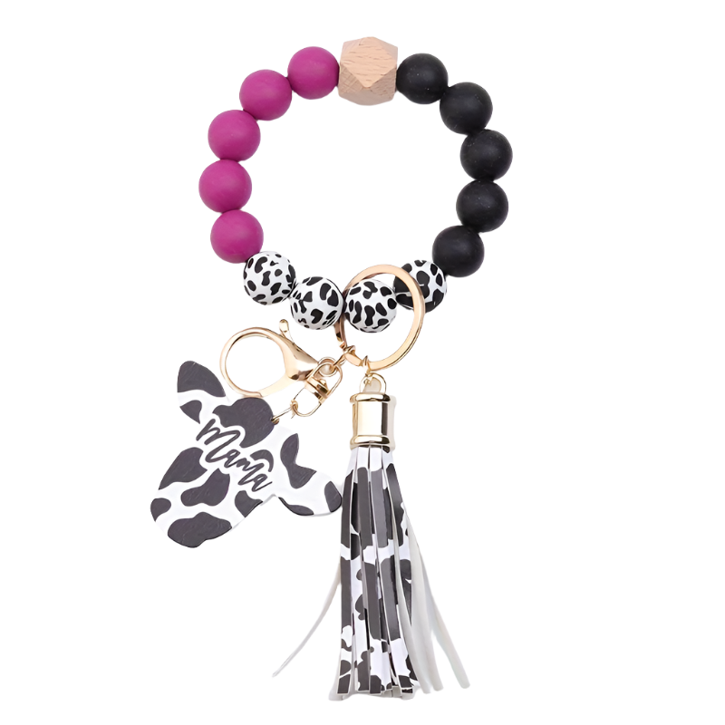 Hemasa Cow Head MAMA Silicone Beaded Bracelet Wristlet Keychain With Western Bangle Keychain