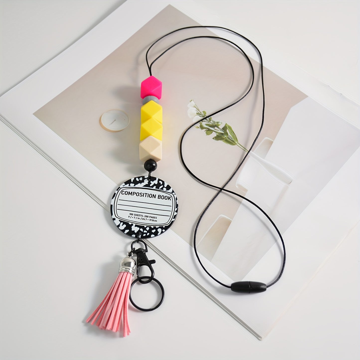 Hemasa Silicone Beaded Lanyard Keychain with Tassel Pendant for Teachers  /Bohemian Acrylic Colorful Badge Holder