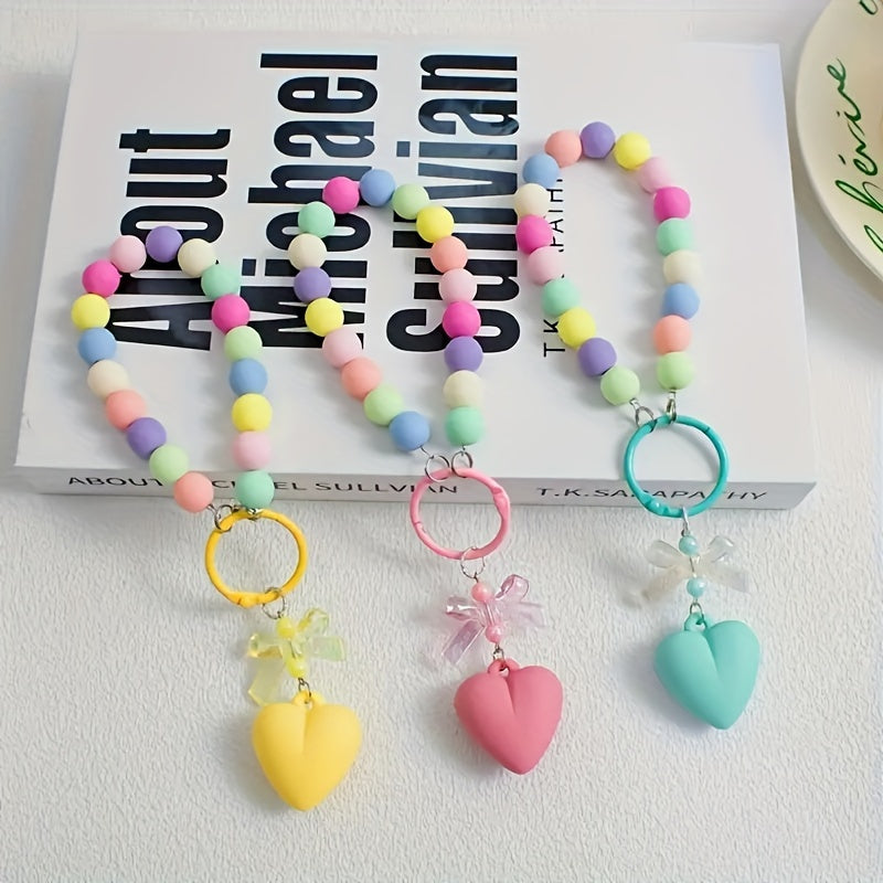 Small Fresh Bow Love Round Bead Pendant Colorful Beaded Wrist Hanging Chain Car Key Chain Accessories