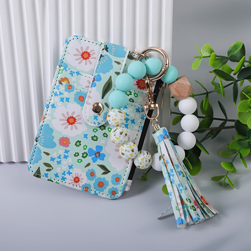 Chic Floral Print Faux Leather Wallet with Beaded Wristlet & Tassel Keychain - Silicone Bracelet Card Holder, Perfect Gift for Women