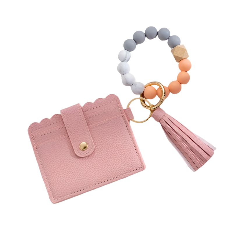 Hemasa Silicone Bead Bracelet Card Holder with PU Tassel Keychain