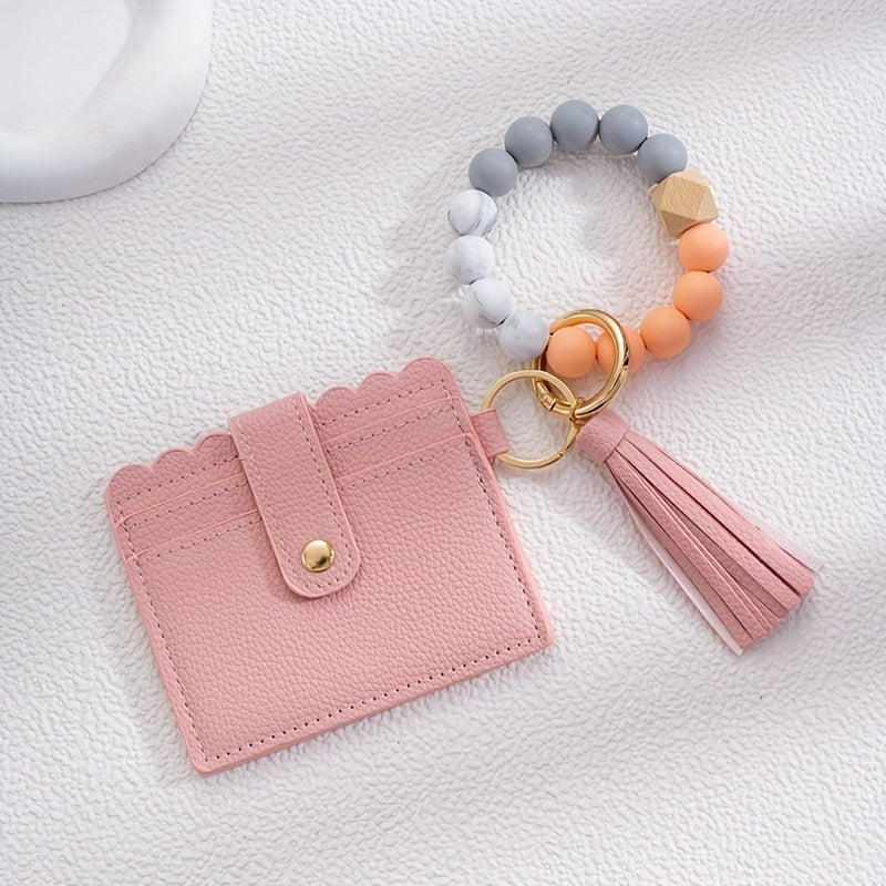 Men's Silicone Bead Bracelet Card Holder with PU Tassel Keychain - Stylish and Convenient Accessory for Wallets and Bags, Ideal choice for Gifts