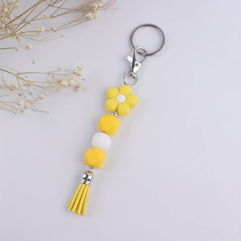 Silicone Beads with Daisy Flower  With Tassel Key Ring