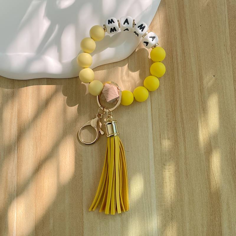 Silicone Beaded Bracelet Wristlet Keychain with Tassels -MAMA
