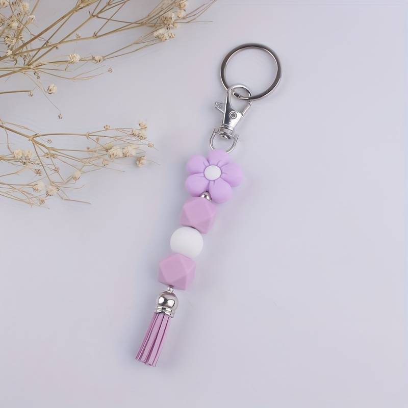 Silicone Beads with Daisy Flower  With Tassel Key Ring