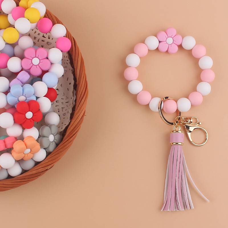 Silicone Beads with Daisy Flower  Bracelet with Tassels