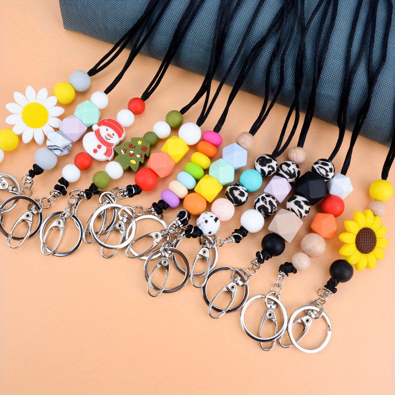 Silicone Beaded Cartoon Keychain Lanyard For Women, Cute ID Badge Holder With Round Ring Clasp For Back To School