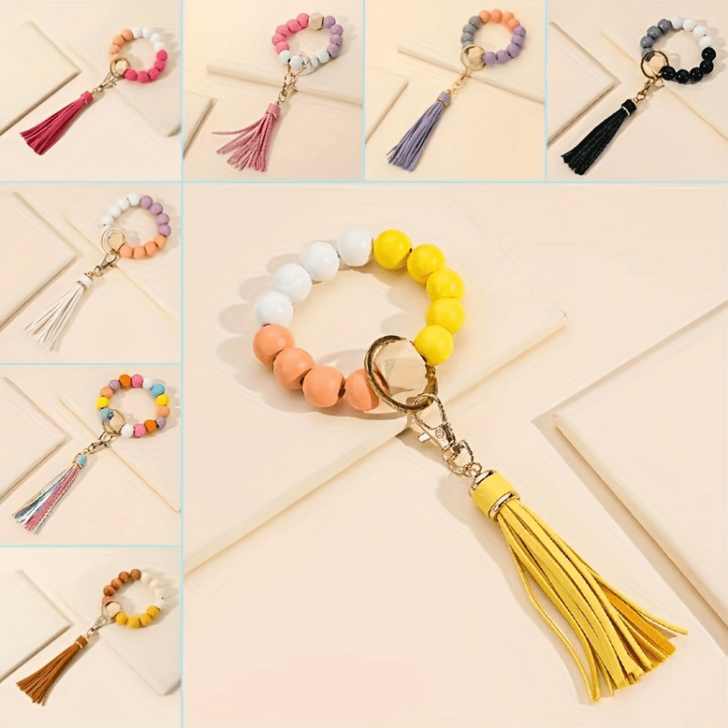 Anniversary Gift Ladies Key Ring - Elastic Wood Bead Bracelet Keychain with Tassel, Lobster Clasp - Fashionable Charm for Purse, Backpack, Car Keys - Unique Earbud Case Holder Accessory for Women Girls
