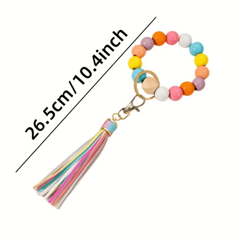 Anniversary Gift Ladies Key Ring - Elastic Wood Bead Bracelet Keychain with Tassel, Lobster Clasp - Fashionable Charm for Purse, Backpack, Car Keys - Unique Earbud Case Holder Accessory for Women Girls