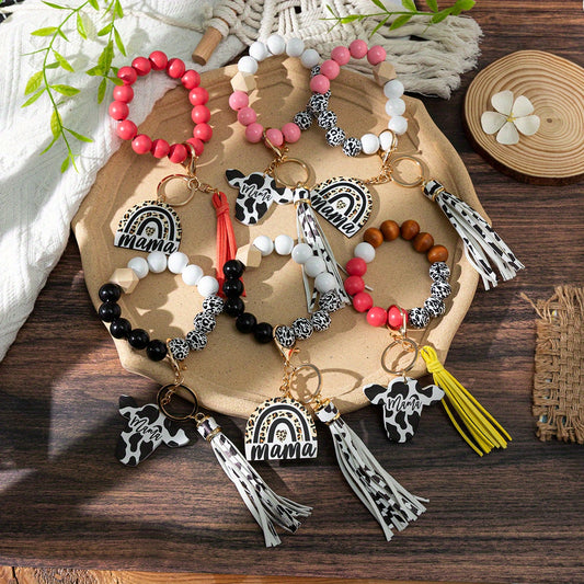Ladies Beaded Tassel Keychain with Lobster Clasp, Mama Alphabet Pendant PU Leather and Metal Key Ring, Decorative Wood Bead Keyring for Mother's Day - Single Piece