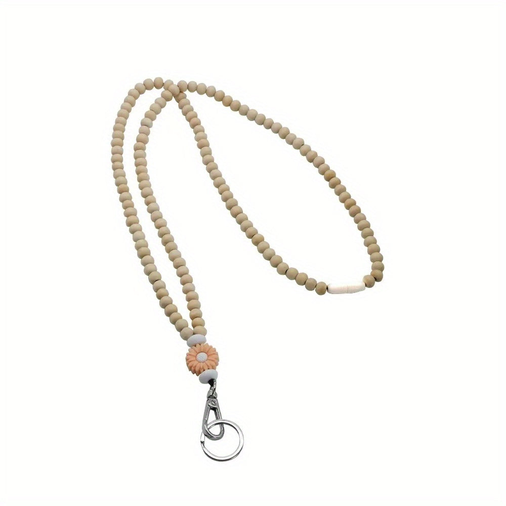1Pc Handmade Wooden Beaded Lanyard with Flower Charm for ID Badges, Keychains - Bohemian Style Necklace for Teachers, Nurses, Students, Staff