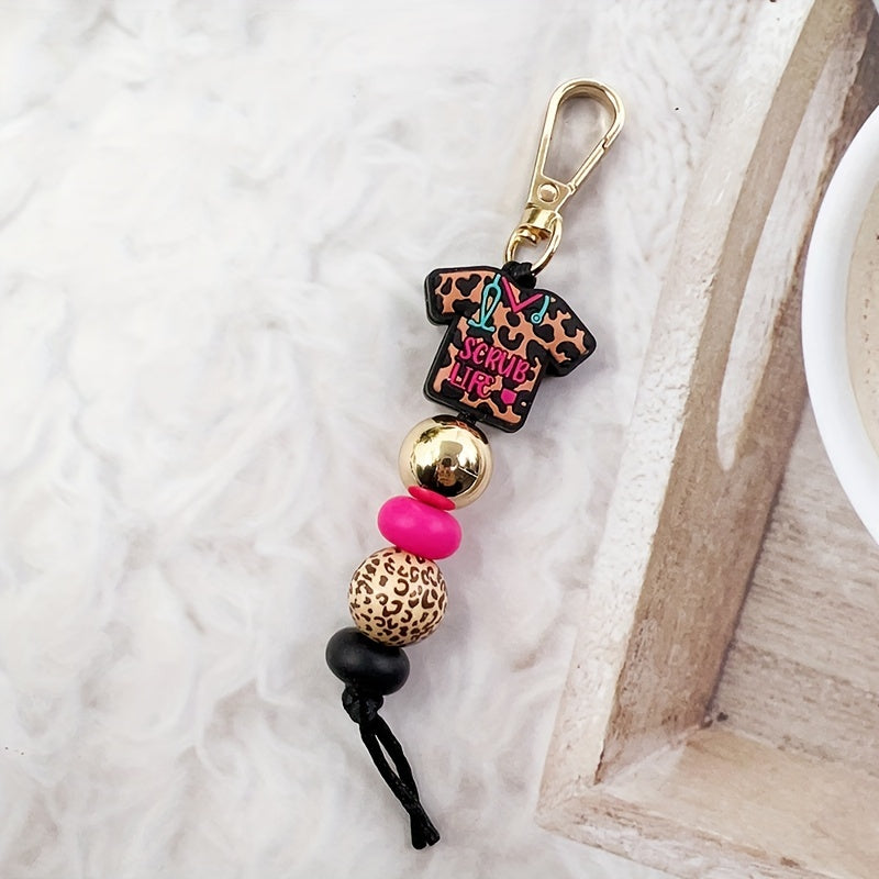 Chic Leopard Print Silicone Nurse Uniform Keychain - Beaded Charm Accessory, Perfect Gift for Staff, Doctor's Day, Pendant