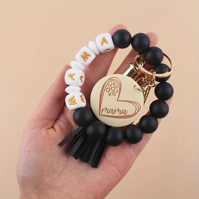 MAMA Silicone Beaded Bracelet Wristlet Keychain Cute Color Block Bag Charm Phone Lanyard Bangle Key Chain Mother's Day Women daily use Gift