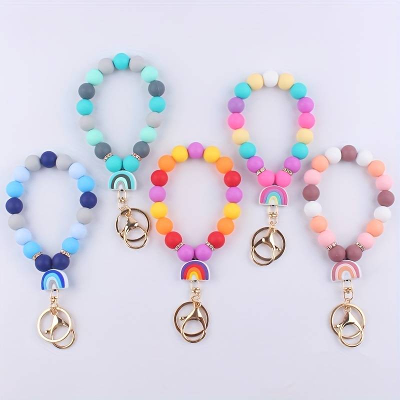 Silicone Beads with Rainbow Pendant  Key Ring
