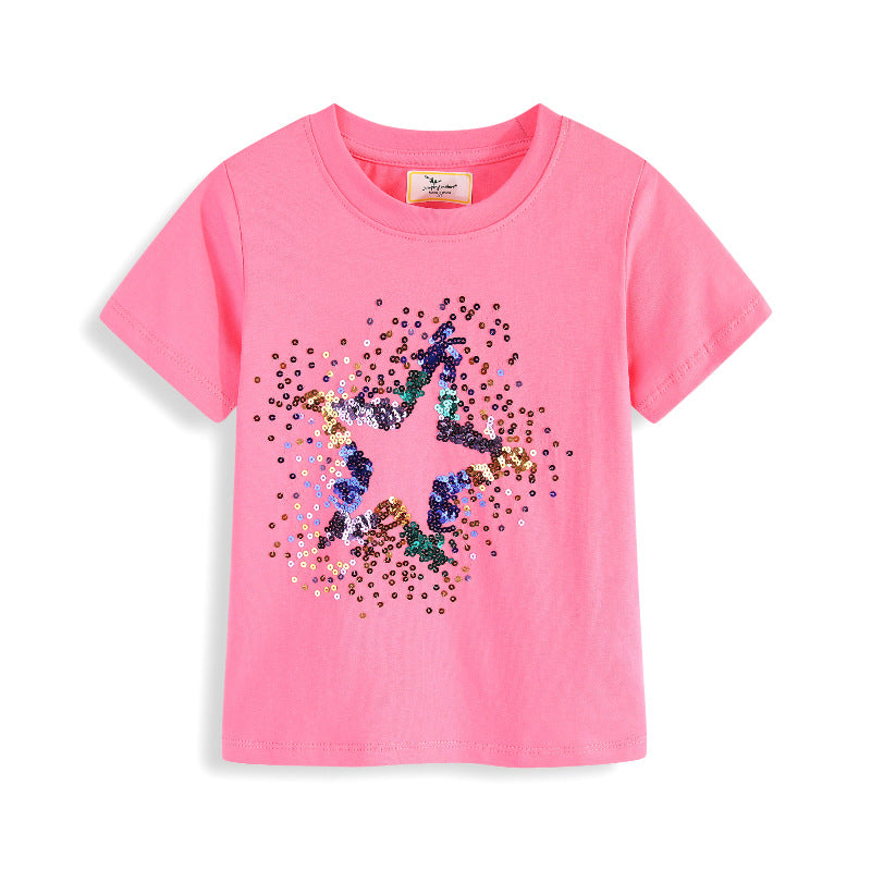 Girls Short-Sleeved T-Shirts Embroidered with Sequined Five-Pointed Stars European And American Style Summer Kids Tops