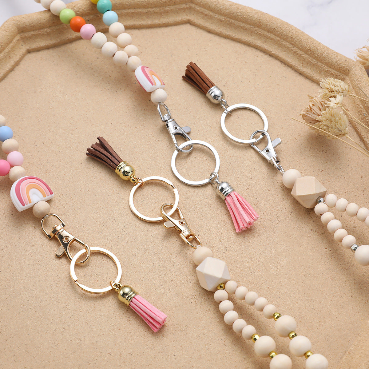 wooden beads handmade keychain rainbow tassel pendant key ring necklace card lanyard pendant