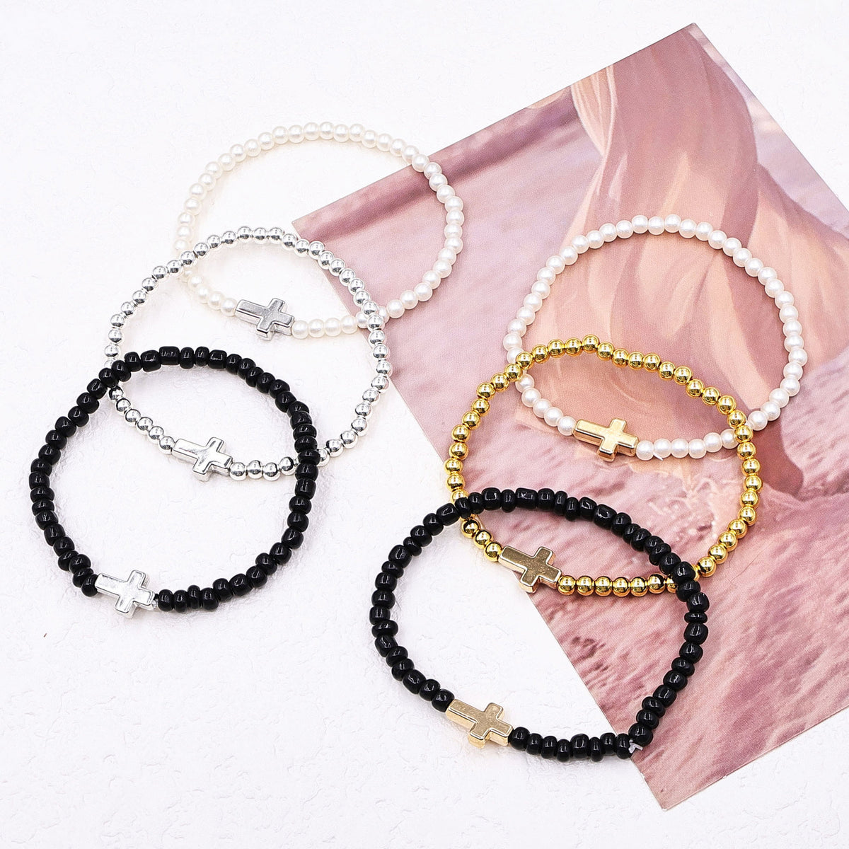 Elastic Bracelets Imitation Pearl Ccb Beaded Cross Export Versatile Simple Three-Piece Suit
