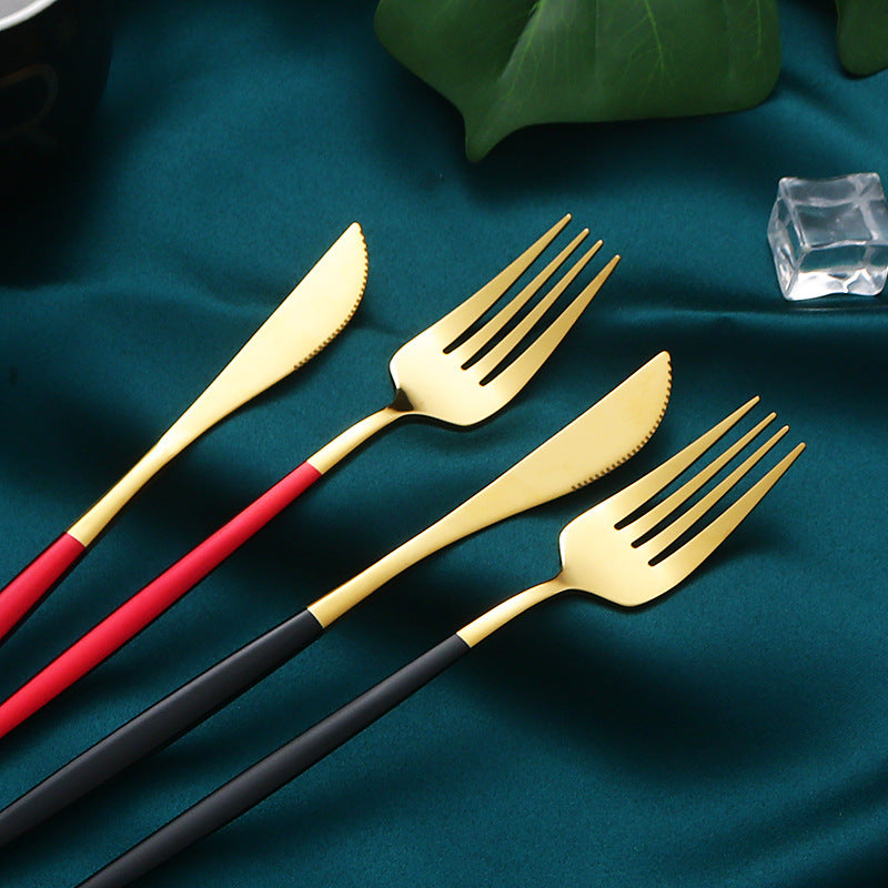 24PCs Stainless Steel Tableware Knife, Fork and Spoon Portuguese Set Tableware Western Food Four Main Pieces Steak Knife, Fork and Spoon