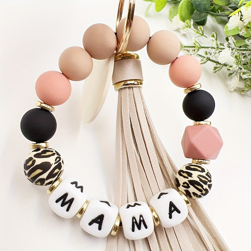 1pc Stylish MAMA Silicone Beaded Wristlet - Adjustable Phone Lanyard Keychain with Tassel Bag Charm - Perfect Daily Accessory for Women, Mother's Day Gift Idea