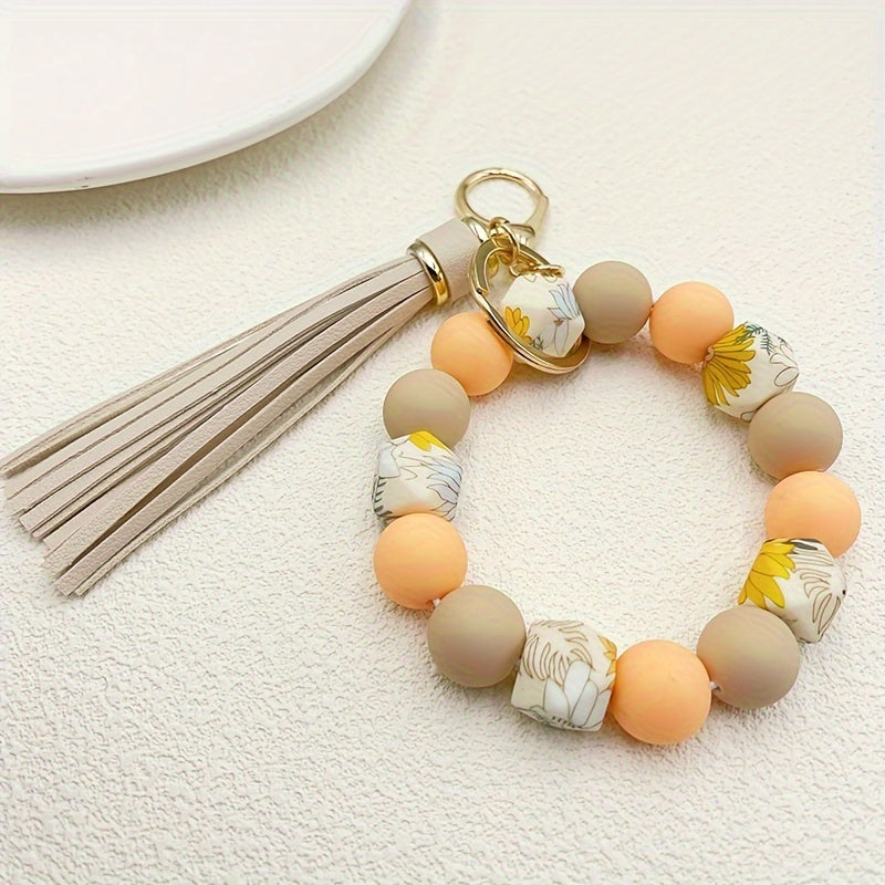 Silicone Beaded Wristlet Keychain With PU Leather Tassel Skull Flower Leopard Fashion Bag Charm Phone Lanyard Women daily use Gift