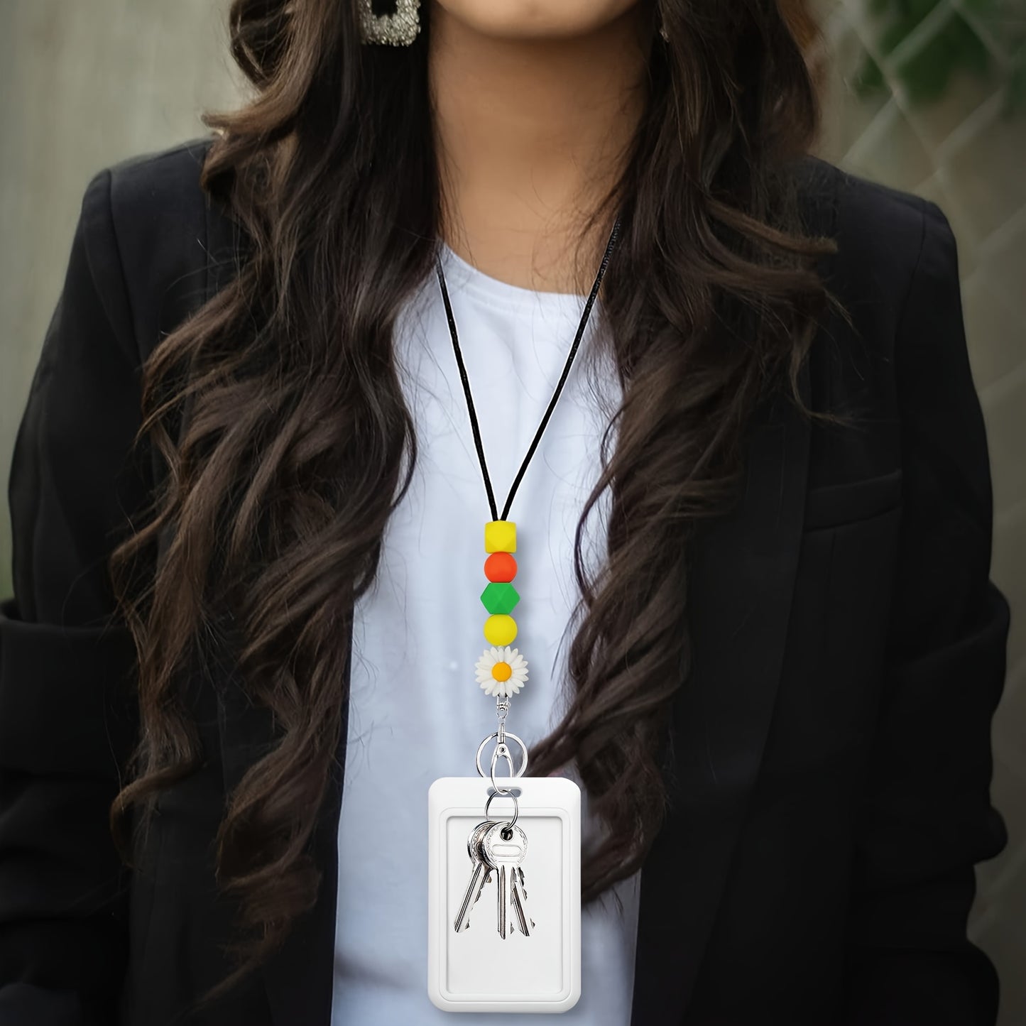 Hemasa 2pcs/set Cute Daisy Flower Silicone Beaded ID Badge Holder With Lanyard / Name Tag Holder With Clip, Detachable Lanyard Necklace For Teacher /Nurse /Students