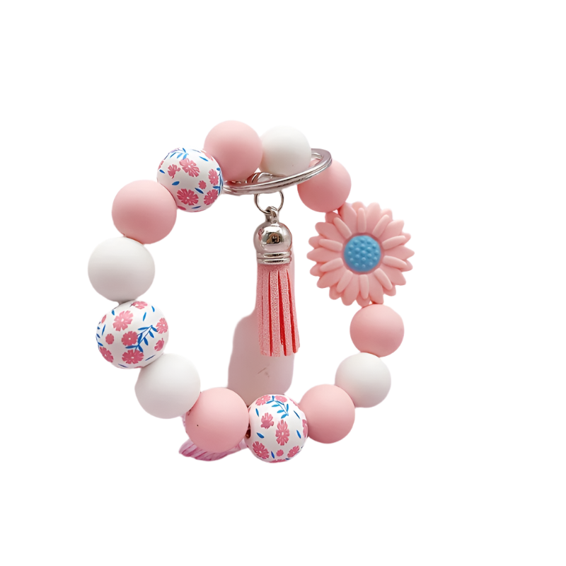 Hemasa Silicone Sunflower Daisy, Pastoral Printed Wooden Bead Silicone Bead Handmade Beaded Bracelet, PU Tassel Keychain, Bag Pendant Accessory, Keychain