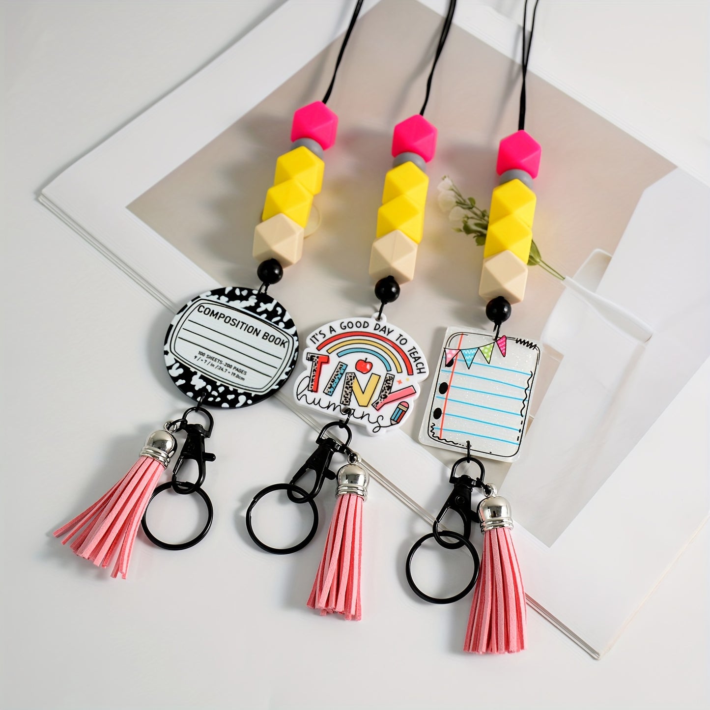 Hemasa Silicone Beaded Lanyard Keychain with Tassel Pendant for Teachers  /Bohemian Acrylic Colorful Badge Holder