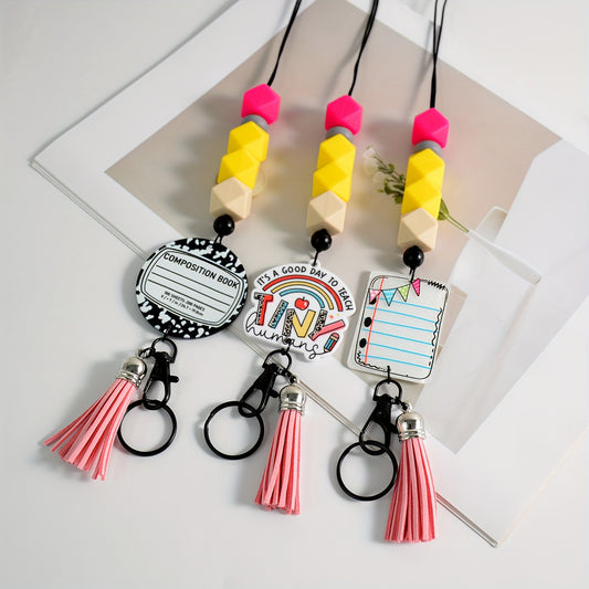 Hemasa Silicone Beaded Lanyard Keychain with Tassel Pendant for Teachers  /Bohemian Acrylic Colorful Badge Holder