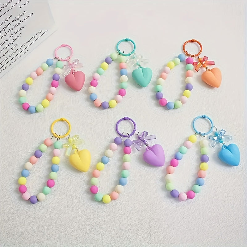 Small Fresh Bow Love Round Bead Pendant Colorful Beaded Wrist Hanging Chain Car Key Chain Accessories