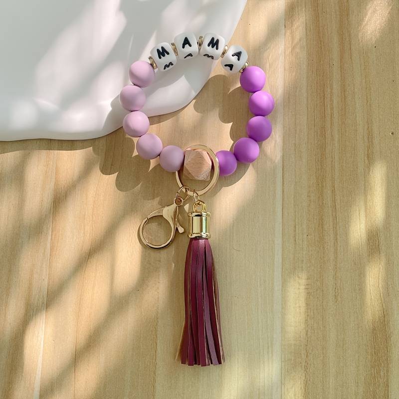 Silicone Beaded Bracelet Wristlet Keychain with Tassels -MAMA