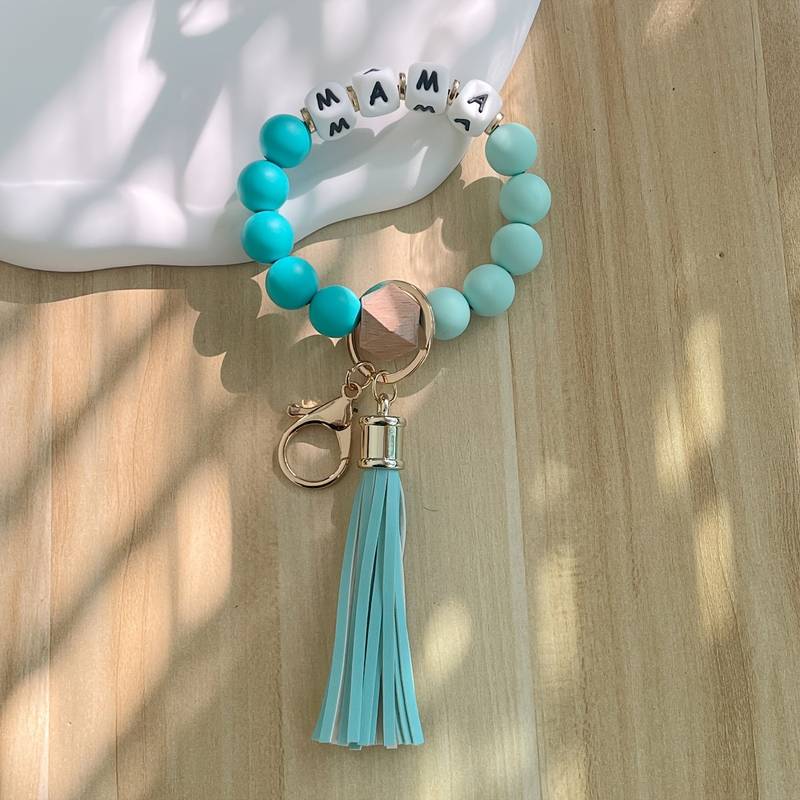 Silicone Beaded Bracelet Wristlet Keychain with Tassels -MAMA