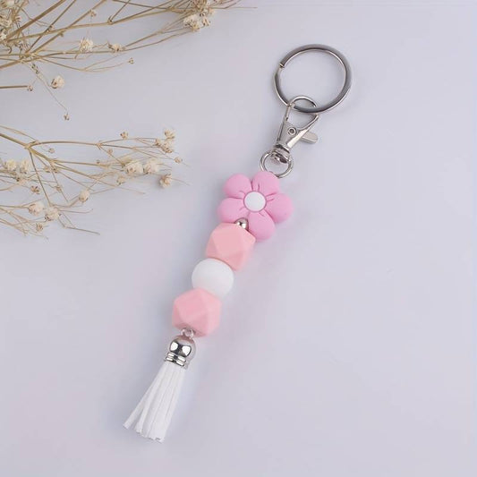 Silicone Beads with Daisy Flower  With Tassel Key Ring