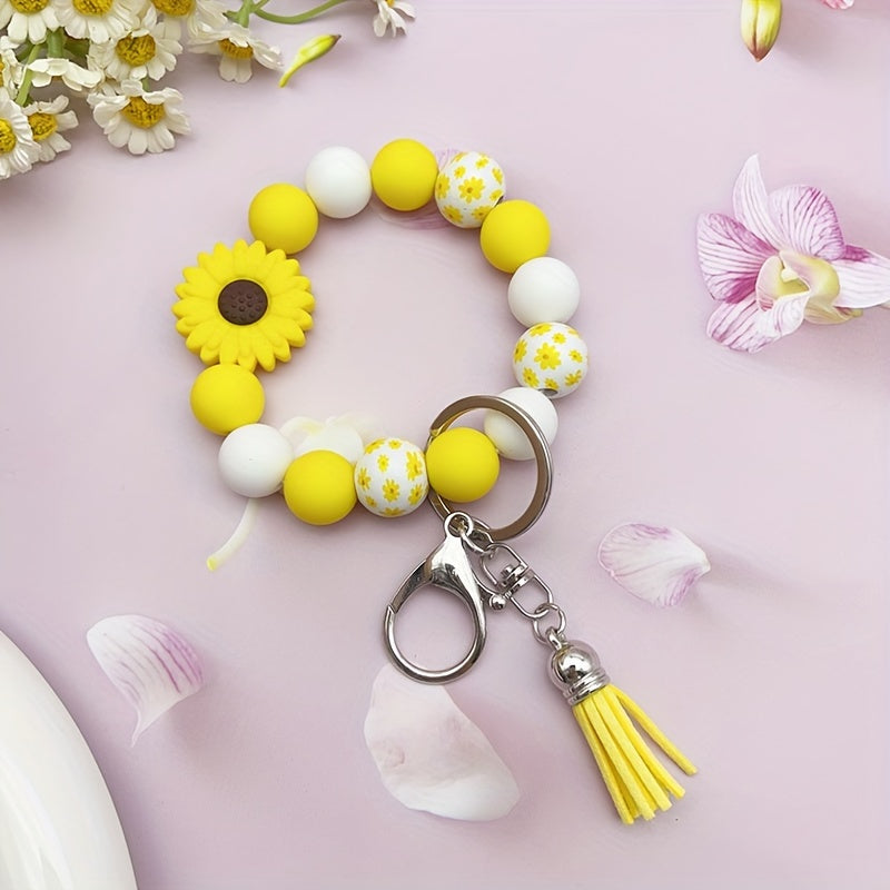 Hemasa Silicone Sunflower Daisy, Pastoral Printed Wooden Bead Silicone Bead Handmade Beaded Bracelet, PU Tassel Keychain, Bag Pendant Accessory, Keychain