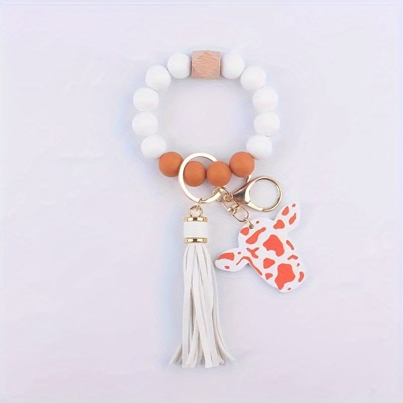 Wooden Bead Wristlet Keychains, PU Leather Tassel, Silicone Bracelet Key Ring, Fashion Accessory For Keys And Wallets