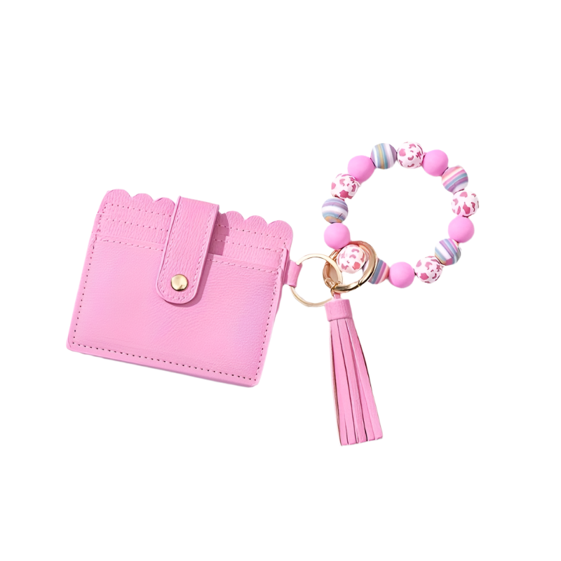 Hemasa Leopard Silicone Wooden Beaded Wristlet Keychain With Wallet /Credit Card Holder /Bag Charm Phone Lanyard