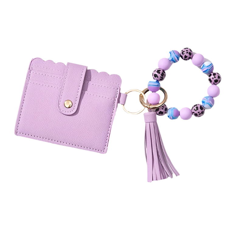 Hemasa Leopard Silicone Wooden Beaded Wristlet Keychain With Wallet /Credit Card Holder /Bag Charm Phone Lanyard