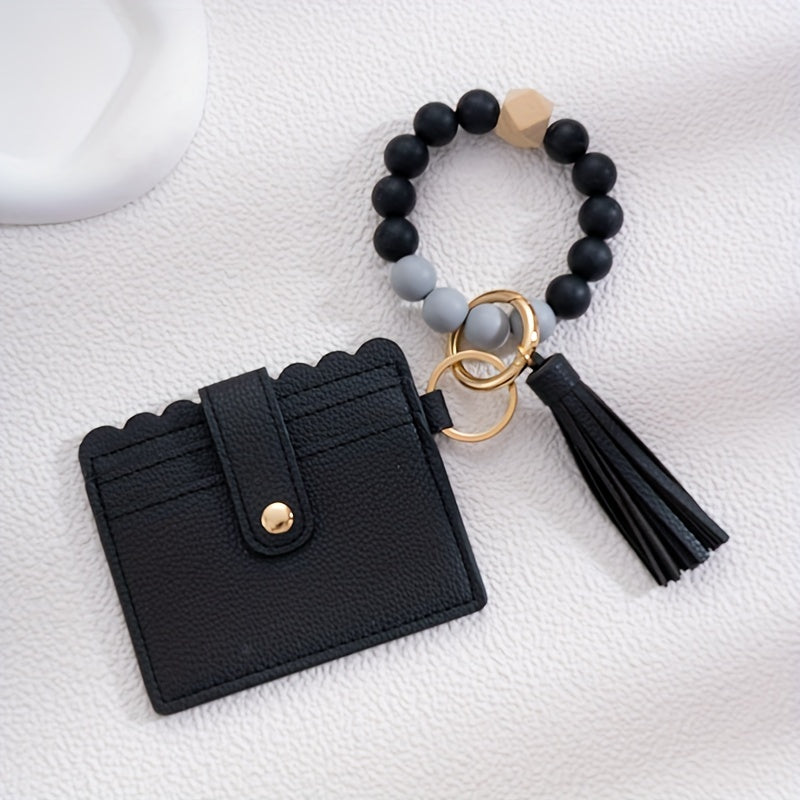 Men's Silicone Bead Bracelet Card Holder with PU Tassel Keychain - Stylish and Convenient Accessory for Wallets and Bags, Ideal choice for Gifts