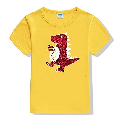 Hemasa Dinosaur Sequins Patch Boys T Shirt (Mustard Yellow, 3-4 Years)