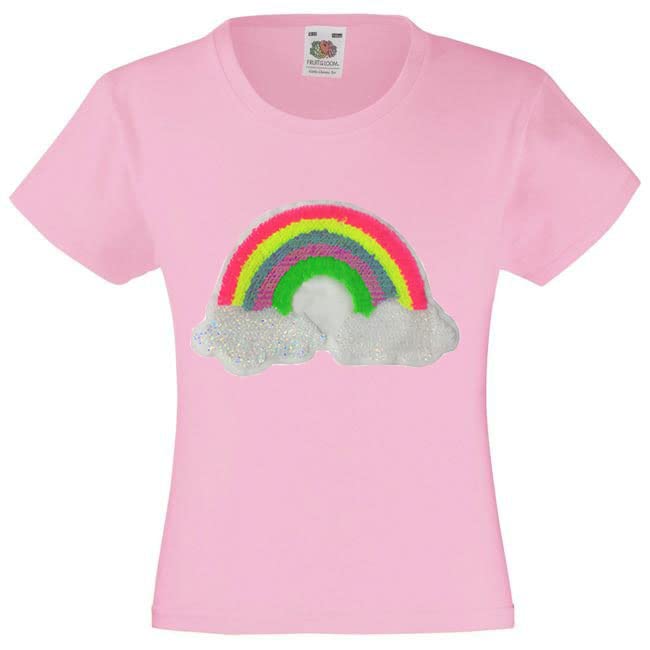 Rainbow Sequins Patch Girls Colour T Shirt (2-4 Years, Yellow)