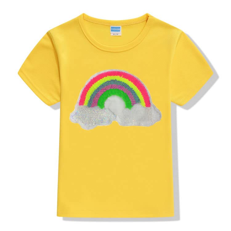 Rainbow Sequins Patch Girls Colour T Shirt (2-4 Years, Yellow)