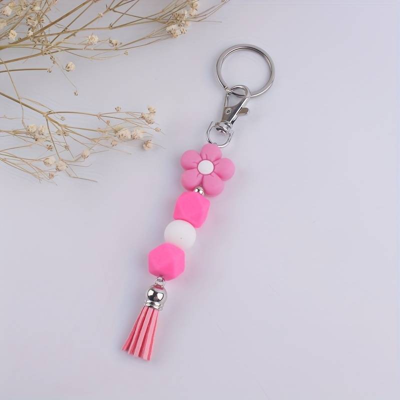 Silicone Beads with Daisy Flower  With Tassel Key Ring