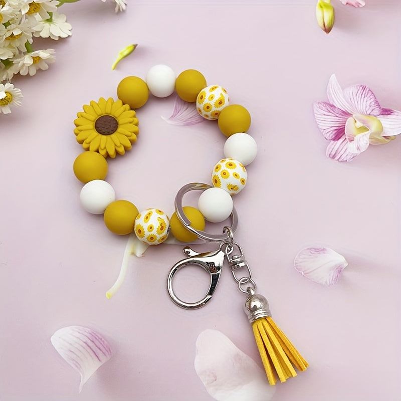 Hemasa Silicone Sunflower Daisy, Pastoral Printed Wooden Bead Silicone Bead Handmade Beaded Bracelet, PU Tassel Keychain, Bag Pendant Accessory, Keychain