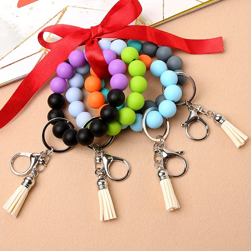 1pc Elastic Keychain Bracelet Wristband, Fashionable Silicone Beaded Keychain Bracelet, Tassel Keychain Bracelet Beaded Wristband Keychain Portable Home Car Key Ring Holder