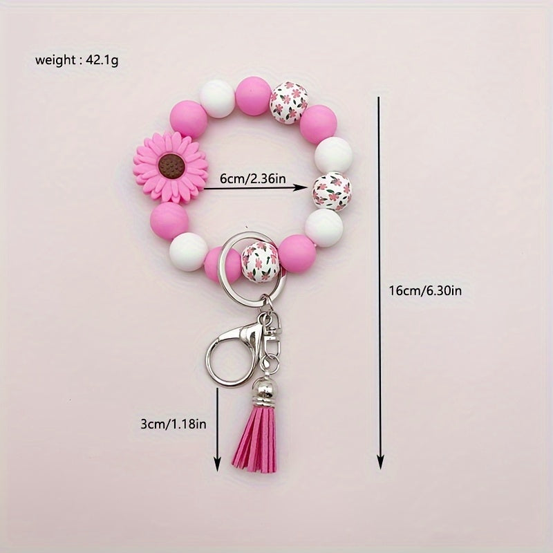 Hemasa Silicone Sunflower Daisy, Pastoral Printed Wooden Bead Silicone Bead Handmade Beaded Bracelet, PU Tassel Keychain, Bag Pendant Accessory, Keychain