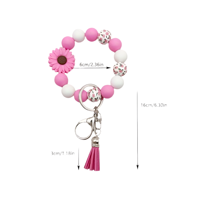 Hemasa Silicone Sunflower Daisy, Pastoral Printed Wooden Bead Silicone Bead Handmade Beaded Bracelet, PU Tassel Keychain, Bag Pendant Accessory, Keychain